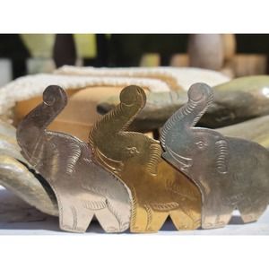 Vintage Silver and Brass Etched Engraved Elephant Hair Clip, Trunks Up Elephant